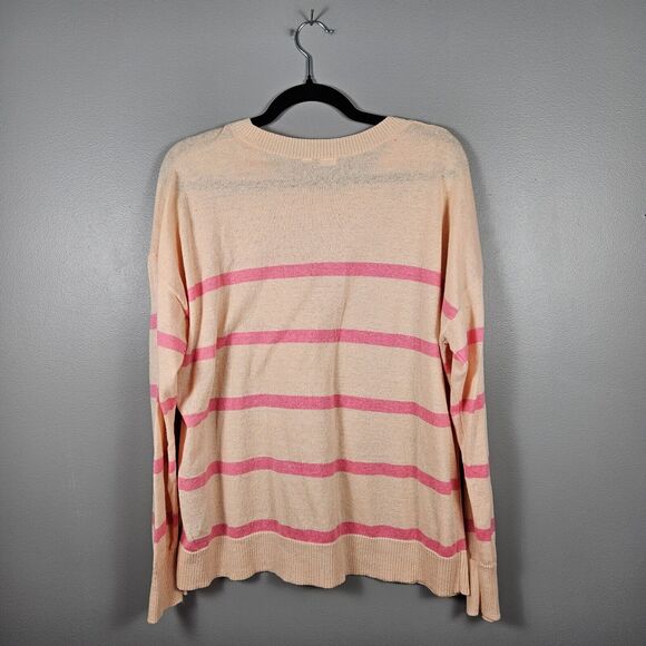 GAP Pullover Sweater pink/peach striped lightweight linen blend Size Large - Picture 2 of 5